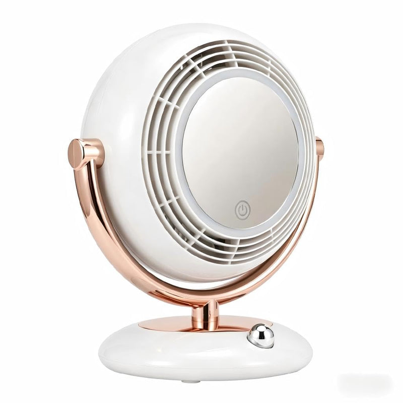 Retro-Style Makeup Mirror Desktop Portable Fan, Desktop Dressing Mirror with Built-in Fan, Equipped with LED Lighting, Warm and Cool Tone Lights, Touch Control Function (White) White