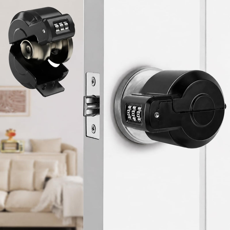 Door Knob Safety Cover Lock Child Proof Door Knob Lockout Device Cover | Combination Lock for Kids Dementia Elderly Safety Water Gas Valve Faucets Temporary Door Handle Lock Fits Most Circular Knobs Black