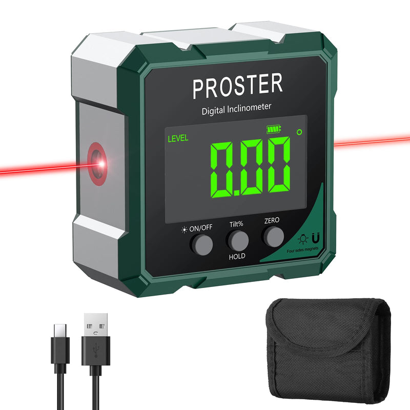 Proster Digital Angle Finder with Laser 4-Side Magnetic Angle Gauge IP54 Waterproof LCD VA Display USB-C Inclinometer Level Box for Woodworking Carpentry Building(Laser Level Class II,Output<1mW)