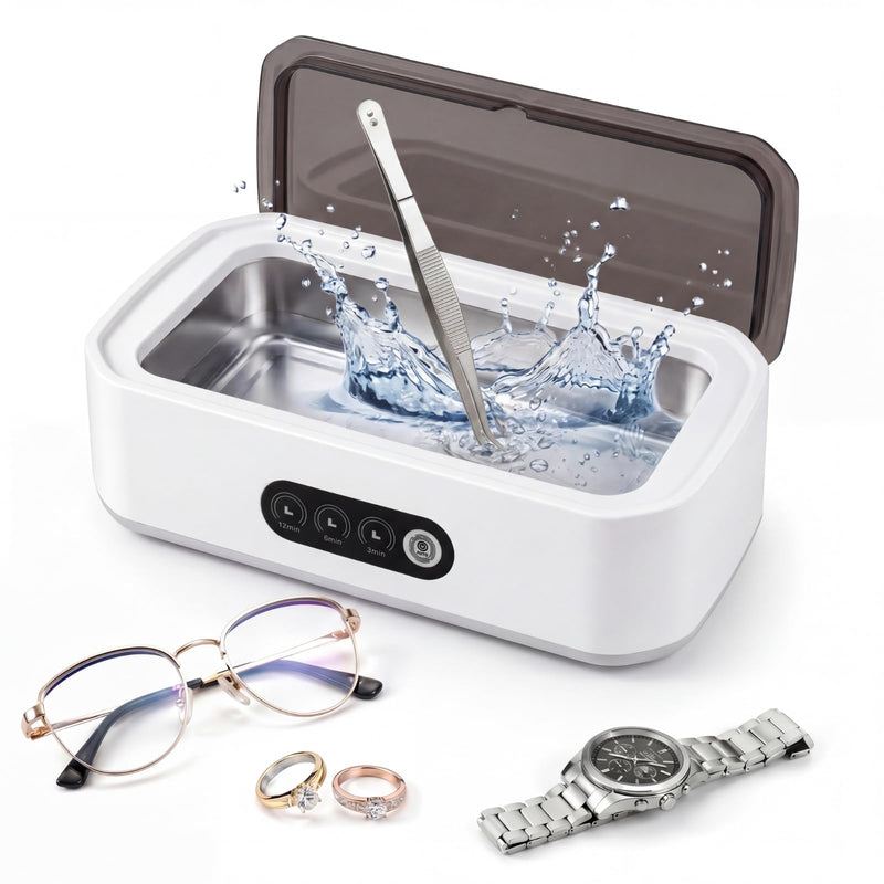 BeGrit 48KHz Ultrasonic Jewelry Cleaner, 3 Timer Modes, Stainless Steel Tank, White Cleaner with Lid & Tweezers for Rings, Glasses, Watch Bands