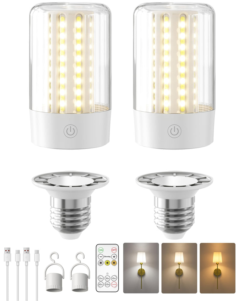EZVALO E26 Rechargeable Light Bulb with Remote and Timer, Battery Backup Bulb for Sconces and Lamps, Magnetic Bulbs for Non-Hardwired Fixture, 3 Color Temperatures,Timer, Dimmable, 4000mAh, 2 Pack White
