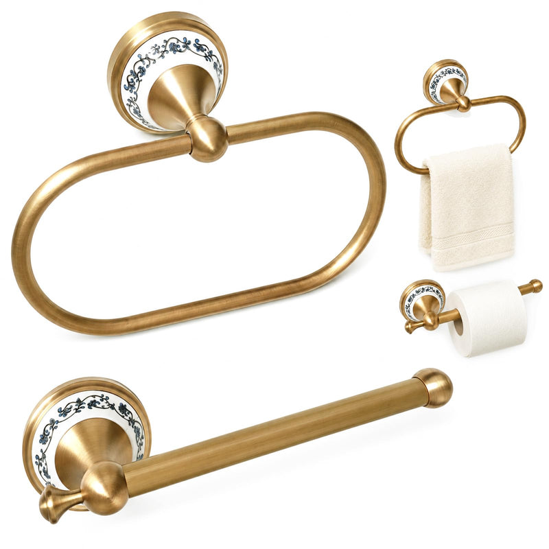 2Pieces Toilet Paper Holder & Brass Towel Ting, PrecisEdge Antique Brass Bathroom Hardware Set, Antique Gold Bathroom Accessories, Toilet Holder Hand Towel Holder Set, Powder Room & Home Decor Antique Blue and White Porcelain-2 Pcs