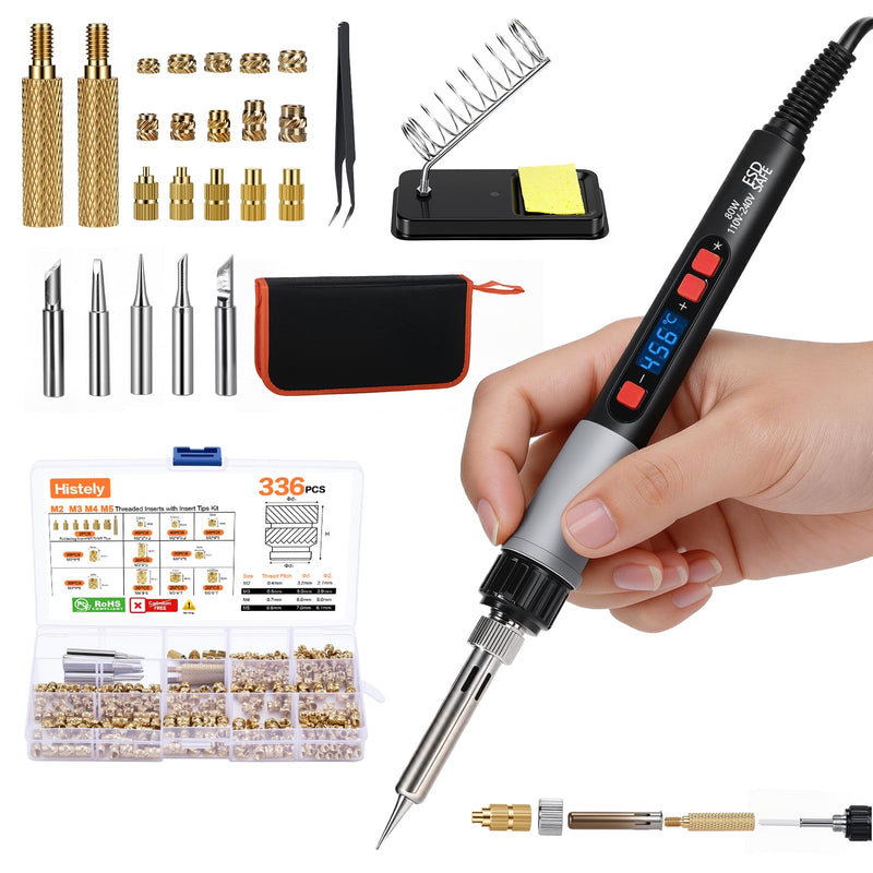 336Pcs Threaded Inserts with 80W Digital Adjustable Soldering Iron Kit, Histely Heat Set Inserts Brass Nuts with M2 M3 M4 M5 Insert Tips, Holder and Tweezer, for 3D Printer or Plastic Parts