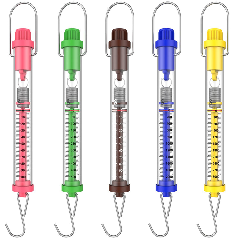 Plastic Tubular Spring Scale, Sciencent Set of 5 Spring Balance Hanging Spring Scale Set, Grams & Newton Calibration,Capacity Zeroing Capability,1N, 5N, 10N, 20N,30N Multicolored