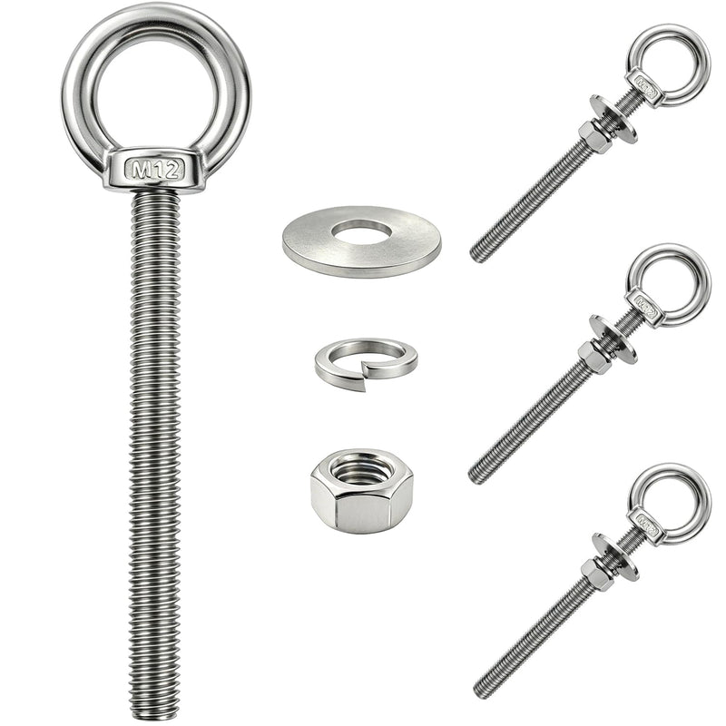 4 Pack M12 Stainless Steel Eye Bolts with Nuts, 1/2"x6" Long Lifting Ring Eye Bolt,Eye Bolts Heavy Duty for Hang Tie Down Outdoor (4, M12x153mm (1/2"x6")) M12x153mm (1/2"x6") 4