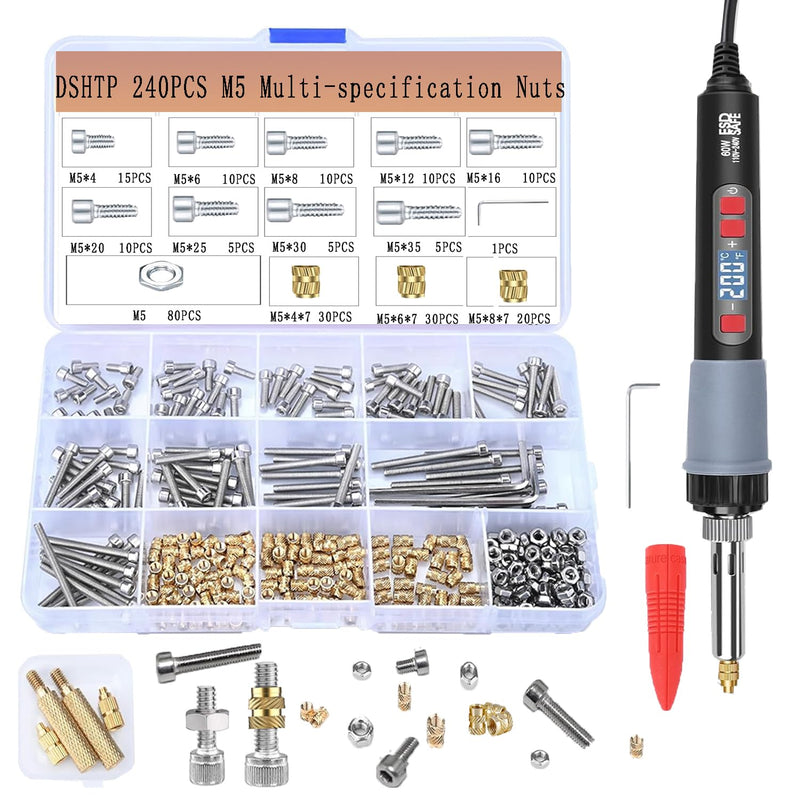 M5 Heat Set Insert Kit for 3D Printing Parts, 240PCS Threaded Inserts Assortment with 60W Digital Soldering Iron, 200-500°C Adjustable Temperature, M5 Brass, Bolts, Nuts Insert Tips for Plastic