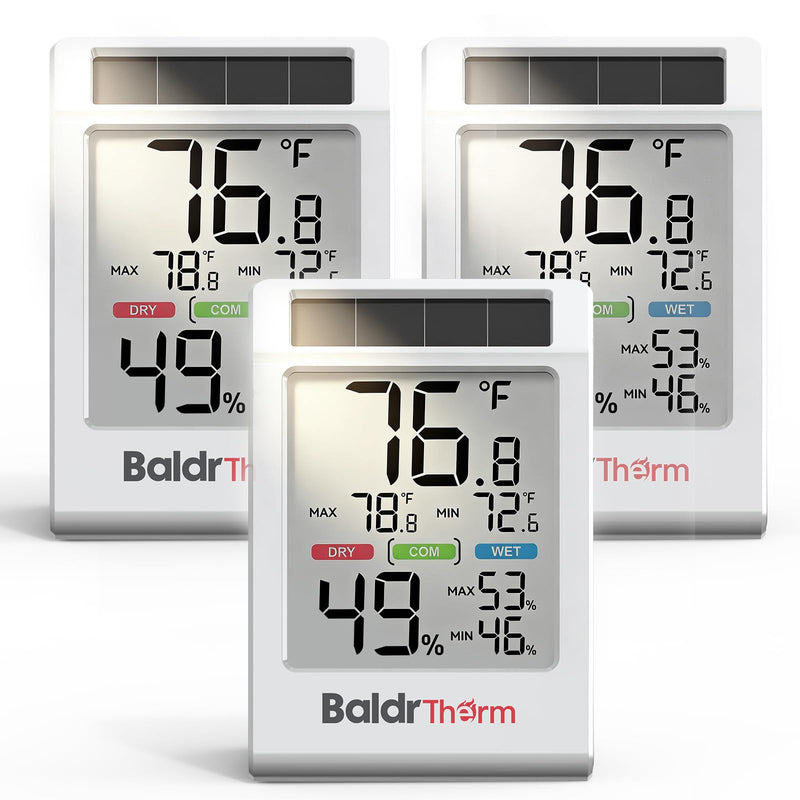BALDR Solar Indoor Thermometer Hygrometer, Max/Min, Comfort Meter (3 Pack) White 3 Pack