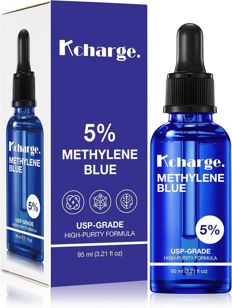 Kcharge 5% Methylene Blue Drops, USP Grade Liquid, 95ml / 3.21 fl oz | 5% methylene blue drops, USP grade liquid solution, COA-verified batch testing, amber glass bottle, precision dropper