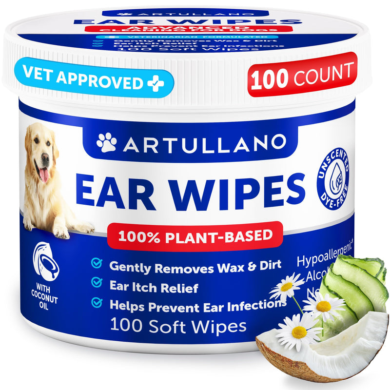 Dog Ear Wipes - 100 ct - Removes Wax and Dirt - Soothing Ear Cleaner Wipes for Dogs, Puppies - 100% Plant Based, Unscented with Coconut Oil - Ear Infection Treatment to Relief Itching & Inflammation 100 count
