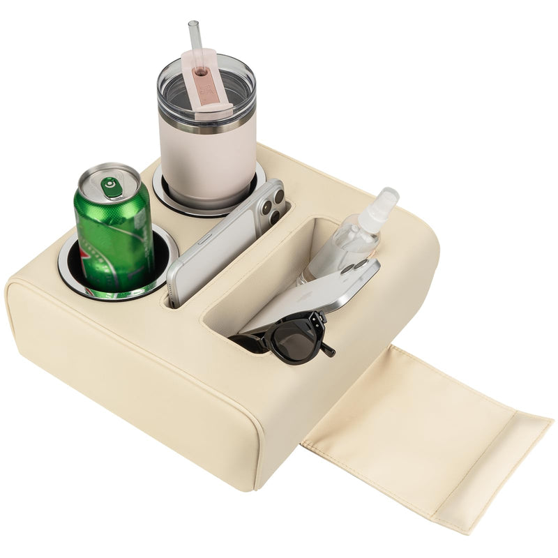 QualyQualy Pontoon Boat Cup Holder, No Drill Double Drink Holder with Side Pocket, Portable Cup Holder Organizer for Boat, RV, Car & Couch, 3.5" ABS No Rust Base Fits 12-40oz Cans & Tumblers, Beige Large-Beige