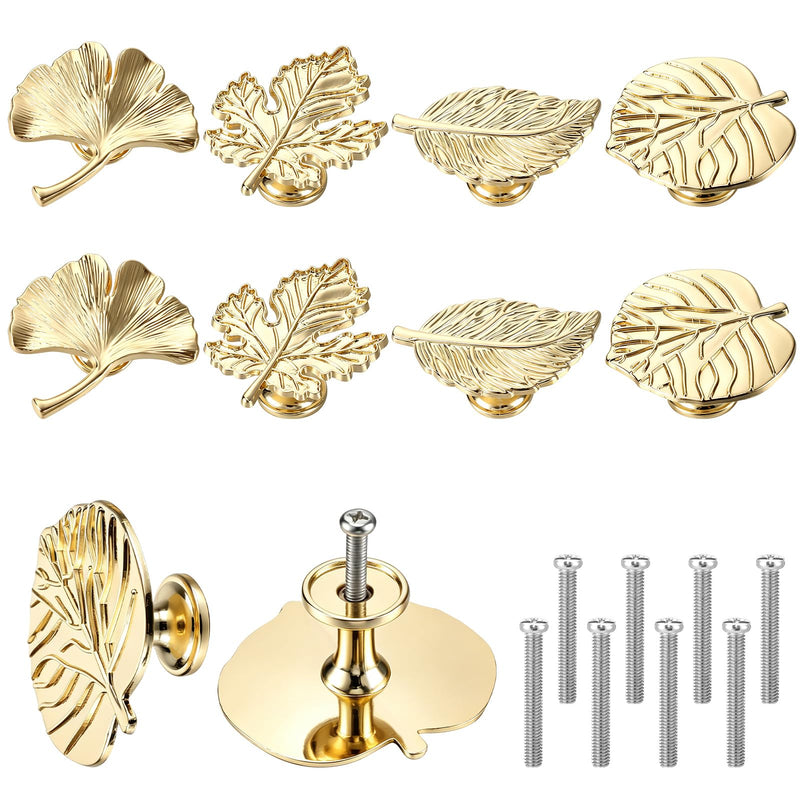 Zonon 8 Pcs Nature Leaf Cabinet Knobs, Botanical Forest Themed Drawer Knobs, Ginkgo Oak Leaf Cabinet Pulls & Handle, Metal Knob for Dresser Cupboard Wardrobe (Gold) Gold