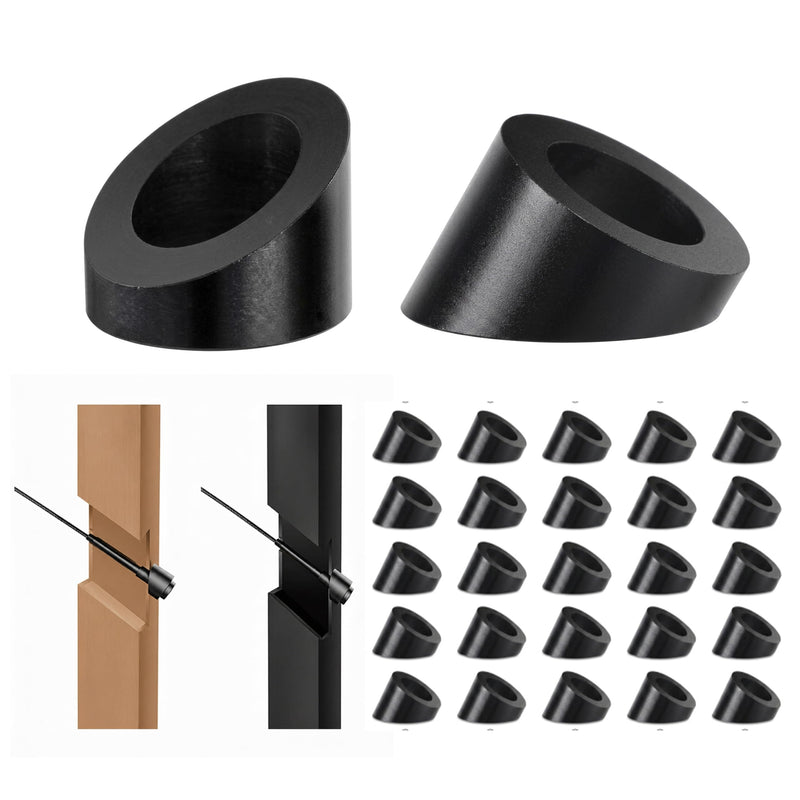 20-Pack 5/16" ID Black T316 Stainless Beveled Washers for Cable Railing | 30° angle, marine-grade T316 stainless steel, 5/16" ID, for 1/8" & 3/16" cable railing, fits wood/metal posts, 20-pack