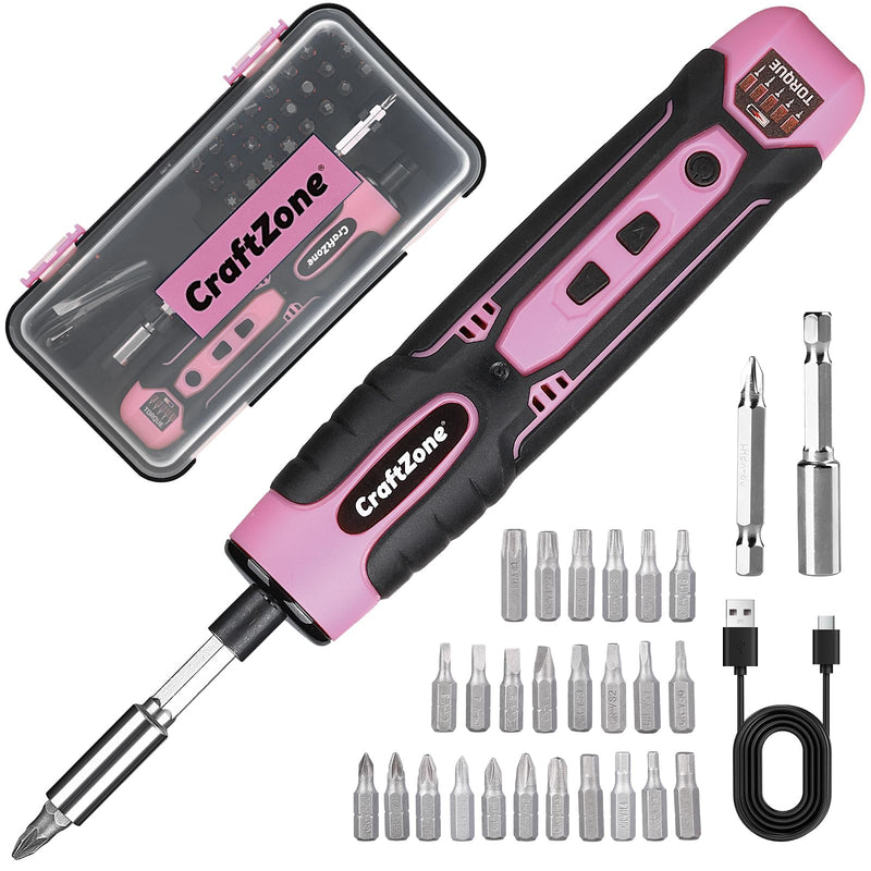 Rechargeable Cordless Electric Screwdriver Set, 28‑Piece Bit Pink