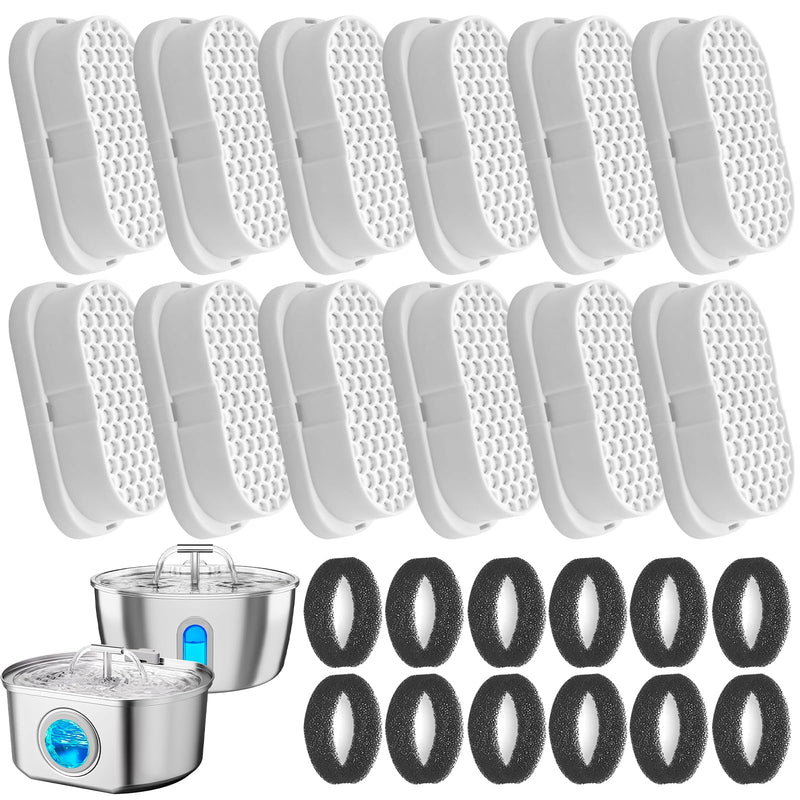24 Pack Cat Fountain Replacement Filters for Neareal 108oz/3.2L Stainless Steel Pet Water Fountain, Pet Water Fountain Fliters (12 Filters & 12 Sponges)