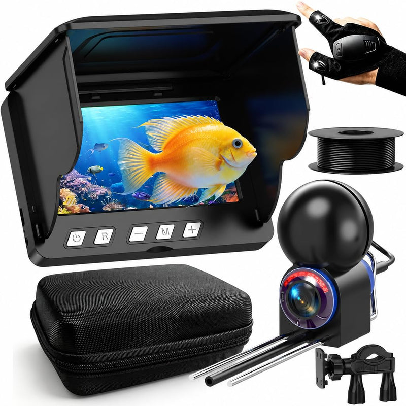 200° Ultra-Wide 1080P HD Underwater Fishing Camera with LED Flashlight Glove, IR Night Vision, 50FT Cable for Ice Lake Boat Kayak Fishing