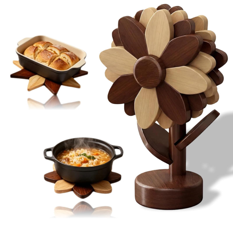 5 Wooden Trivets for Hot Dishes-Sunflower Kitchen Decor, Heat Resistant Foldable, Hot Dishes Tree Shape Trivet Set for Hot Pot Holders Bowl Pot, Housewarming Gifts (Walnut & Beech Wood, L) Walnut & Beech Wood Large