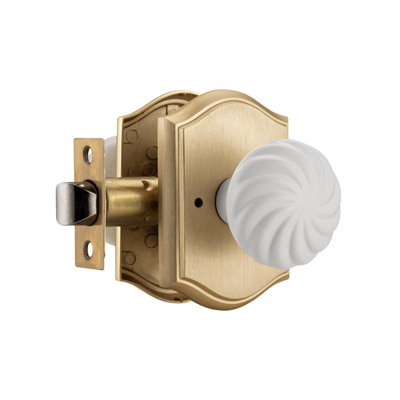Brushed Gold Door Knobs Interior for Privacy Bath & Bedroom | Zinc Camelot Trim, Gold & White Flower Style