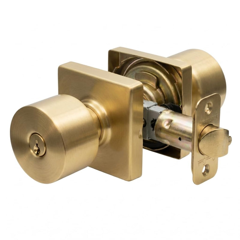 Copper Creek Metro Keyed Entry Door Knob with Square Rosette, Modern Satin Brass Keyed Handle for Exterior Doors