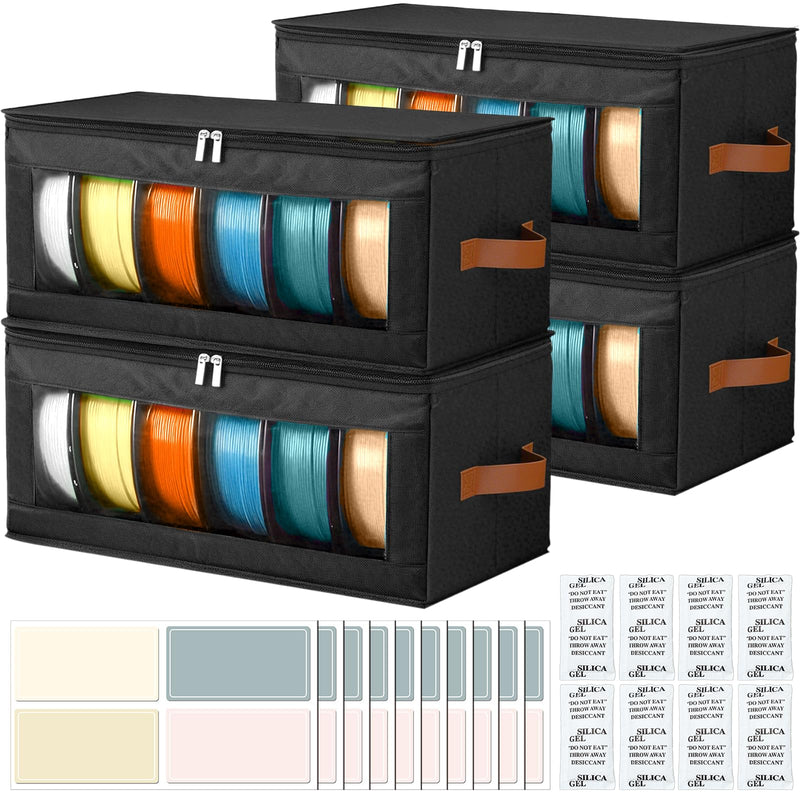 4 Pack Foldable Filament Storage Box, 3D Printer Filament Containers with Transparent Window, Desiccants & Labels, Holds 24 Rolls, Water-Resistant Organizer for Home Office Workshop Studio 4