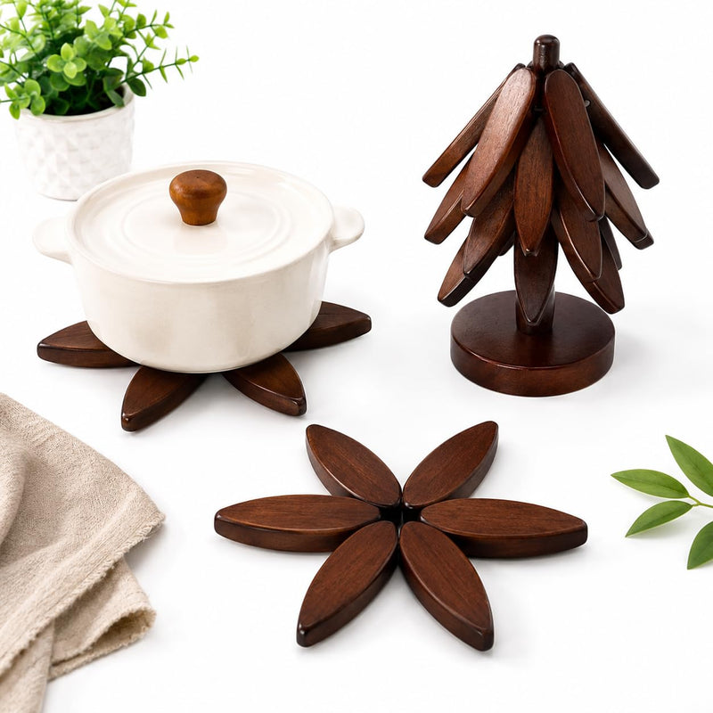 Wooden Trivet - Wooden Trivets for Hot Dishes - Tree Shaped Wooden Trivet - 4 Wooden Trivets with 1 Stand - Space-Saving Coaster Tree for Pots, Pans, Serving Dishes, Tables & Counters