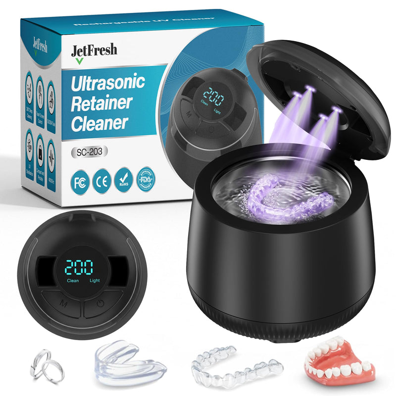Jetfresh Ultrasonic Retainer Cleaner Machine | Dental Pod Cleaner with 48kHz Frequency | UV Dental Cleaning Pod for Aligners, Dentures, Mouth Guards, Braces & Jewelry 4 Modes, Digital Timer, 200ML BLACK