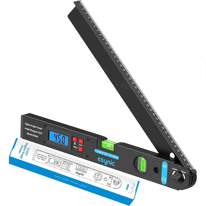 eSynic 16 Inch Waterproof Aluminum Digital Angle Finder with 400mm Scale | Built-in Horizontal and Vertical Bubble Level-Measure Angles Vertically-0-225° Range-Backlit LCD-for Woodworking/Construction