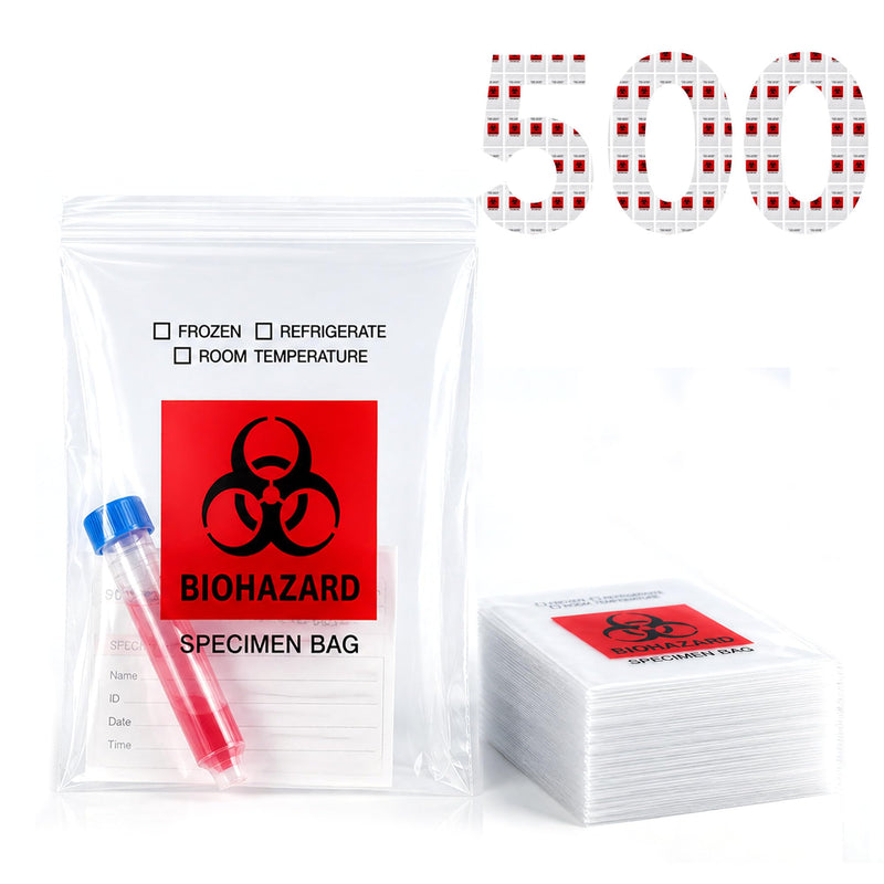 Biohazard Specimen Bags 6x9, Lab Sample Bags with Outer Pouch, 500-Pack | Reclosable seal bag with red biohazard logo. Features outside pocket for paperwork. Ideal for lab sample storage. 500 PCS
