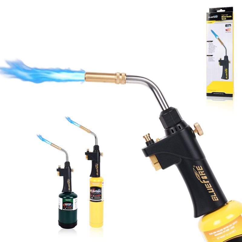 BLUEFIRE BTS-8090 Black Heavy Duty Gas Welding Torch Swirl Flame Head, Auto ON/OFF Trigger Start, Cast Aluminum Body, Compatible with MAPP/MAP-Pro/Propane, Portable Welding Nozzle for 1lb Tanks