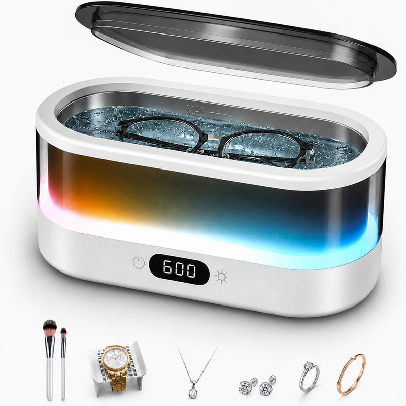 Ultrasonic Jewelry Cleaner, 48kHz Ultrasonic Cleaner Machine for Jewelry, Eyeglasses, Rings, Dentures, Watch Bands, 7-Color Flowing LED Light, 304 Stainless Steel, Digital Timer, Dual Cleaning Modes