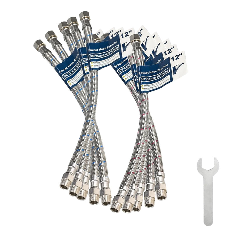 10 Pcs 12 Inch Faucet Supply Conector Extension, 3/8 OD Comp (Male) x 3/8 Comp (Female) Supply Line，Faucet Hose for Kitchen Bathroom 10 12inch 10pcs
