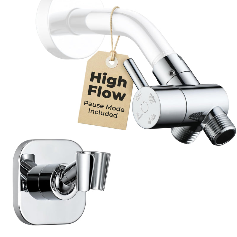 G-Promise All Metal High Flow Shower Diverter Valve with Adjustable Shower Head Holder, Universal 3-Way Splitter with Pause Mode for Handheld and Fixed Spray Head Adapter Replacement (Chrome) Chrome