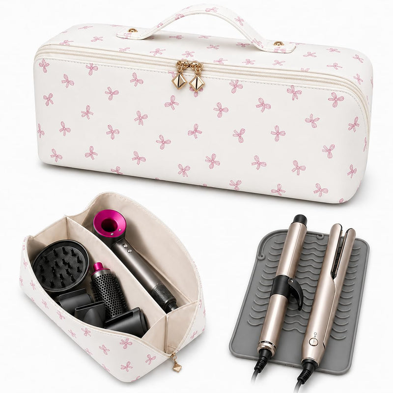 Hair Tool Travel Bag With Heat Resistant Mat, Large Capacity Hot Tool Bag & Hair Tool Organizer Bag for Curling Iron, Flat Iron, Hair Dryer, Hair Accessories Organizer, Travel Essentials for Women pink bow