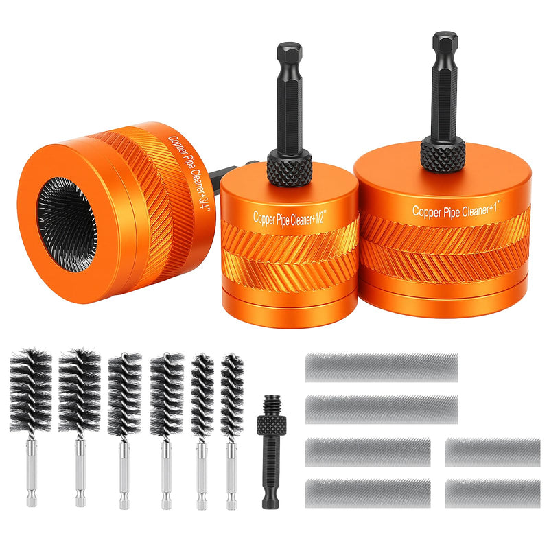 1/2" & 3/4" &1"Copper Pipe Cleaner Set for Drill with 1/4" Hex Shank & 6 Pipe Cleaning Brushes & 6 Exchange Blades&& 1 Rod 3 Copper Metal Pipe Cleaner Kit Plumbing Tools for Rust Stains Paint 1/2" + 3/4"+1"