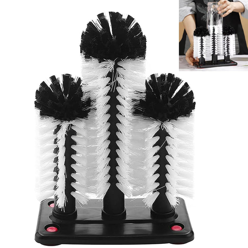 360°Glass cup cleaning brush,Water Bottle Cleaning Glass Washer Cup Sink Washer Brush with Suction Base Bristle Brushfor Sink,3Head Flexible Bristles Double Sided Glass cup cleaning brush(Black+White)