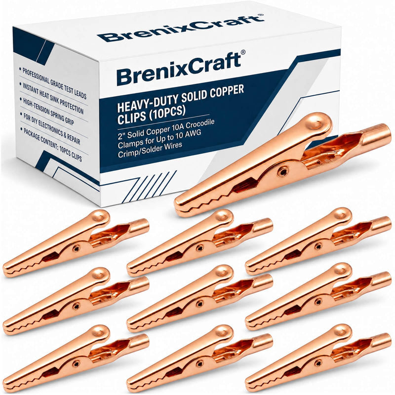 Solid Copper Alligator Clips (10PCS), 2" Copper Crocodile Clamps for Soldering Heat Sink, DIY Electronics, Test Leads, Battery Connection, Up to 10 AWG, 10A