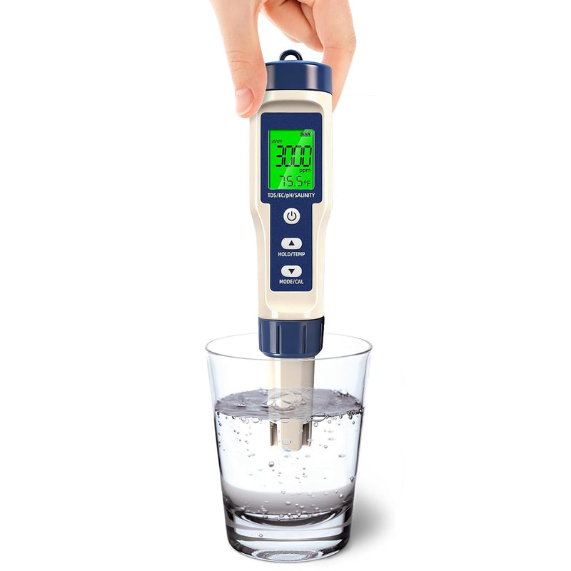 Pool Salt Tester & PH Meter - 5-in-1 Digital TDS Meter for Salinity PH Temp and EC, 0.01 High Accuracy, Swimming Pool, Hydroponics, Aquarium, Hot Tub, PPM Meter for Pool, Drinking Water, Wine