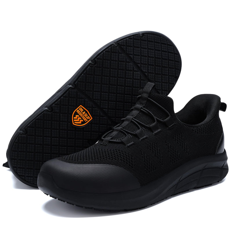 Work Shoes for Men and Women, Non-Slip Oil-Resistant Kitchen Shoes, Hands-Free Slip-On Arch Support Chef Food Service Sneakers, Breathable Lightweight Black Standing All Day Safety Shoes 11.5 Wide Women/9.5 Wide Men