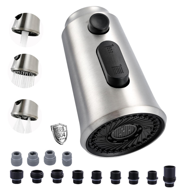 WOWOW Kitchen Faucet Head Replacement – 304 Stainless Steel 3-Mode Pull Down Spray Head with 13 Adapters, Compatible with Moen Delta Kohler American Standard, Easy DIY Install, Brushed Nickel