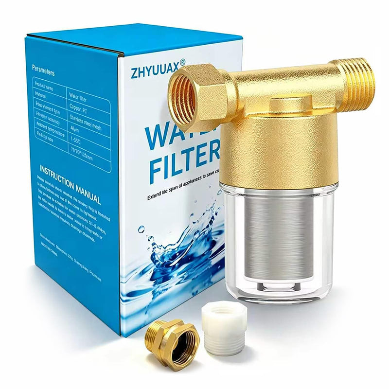 YH01 Reusable Washing Machine Water Filter, 40 Micron Brass Sediment Filter, for Washer, Heater, Garden, Protecting Appliances, Reduces Clothes Yellowing, Anti Scale Shower Filter