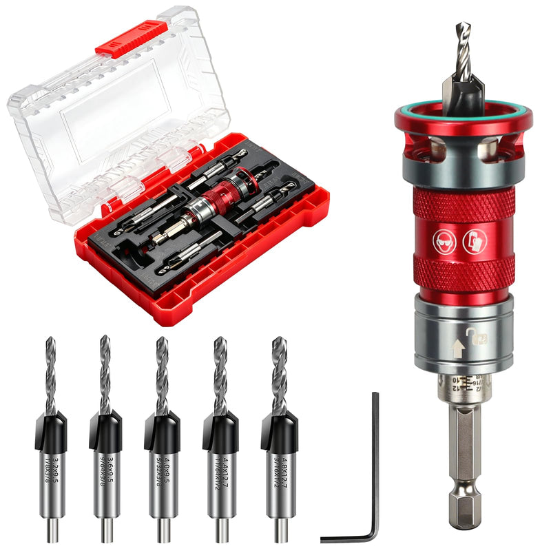 6 PCS Quick-Adjust Countersink Drill Bit Set, Auto-Locking Depth Adjustment, Auto-Stop Aluminum Alloy Collar, 5 HSS M2 Bits with 82-Degree TCT Cutters, 1/4" Hex Shank Counter Sink Drill Bit for Wood 6 PCS Quick Adjust Set