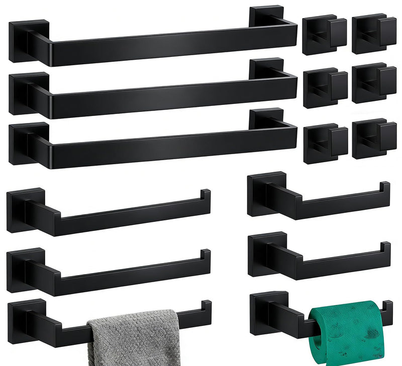 15-Pieces Bathroom Hardware Set Matte Black Bathroom Accessories Set SUS304 Towel Bar Set Includes 3 Towel Bar 16 Inch+3 Towel Holder+3 Toilet Paper Holder+6 Towel Hooks(15, Matte Black, 16 Inch) 15