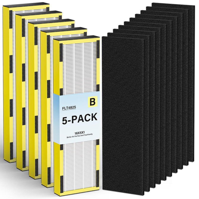 FLT4825 HEPA Filter B Replacement Compatible with Guardian Air Purifier Models AC4825 AC4825E AC4825W AC4300 AC4800 AC4850PT AC4850 AC4900 AC4820 AP2200CA, 5 HEPA Filters + 10 Carbon Pre-Filters