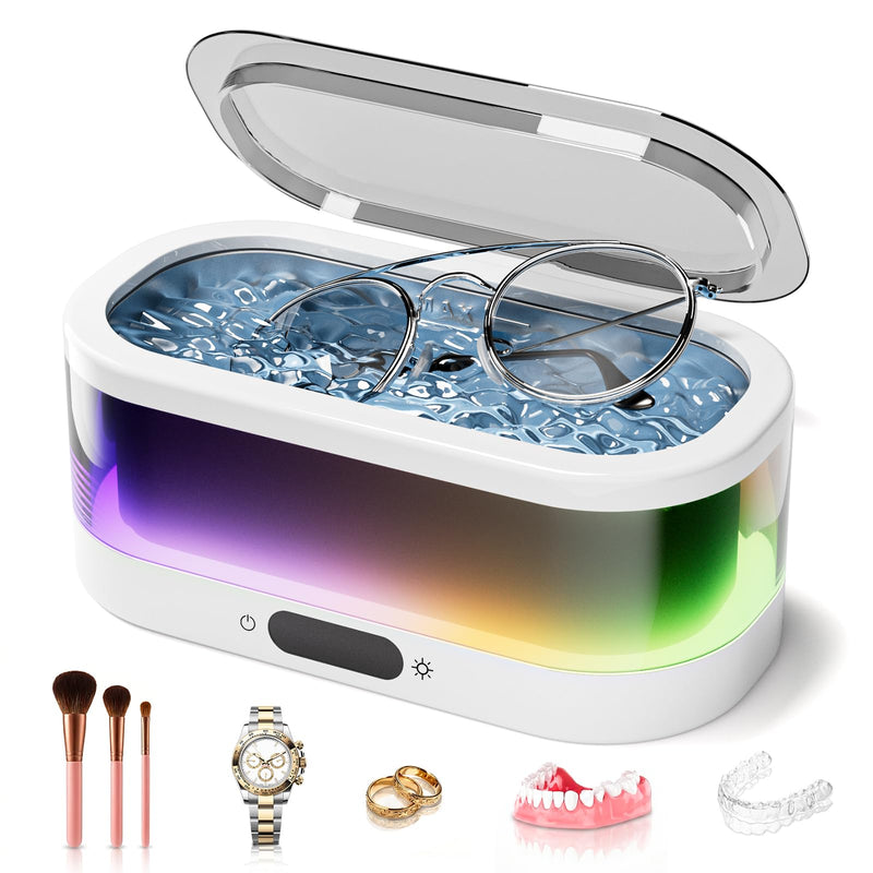 Ultrasonic Jewelry Cleaner with RGB Ambient Light, 48KHz Ultrasonic Cleaner for Jewelry, Glasses, Retainers, Dentures, Rings & Watches, 350ML SUS304 Stainless Steel Cleaning Machine, White