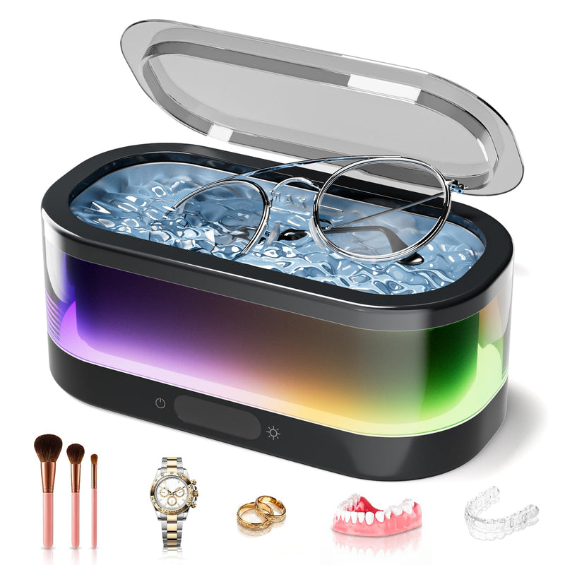 Ultrasonic Jewelry Cleaner with RGB Ambient Light, 48KHz Ultrasonic Cleaner for Jewelry, Glasses, Retainers, Dentures, Rings & Watches, 350ML SUS304 Stainless Steel Cleaning Machine, Black