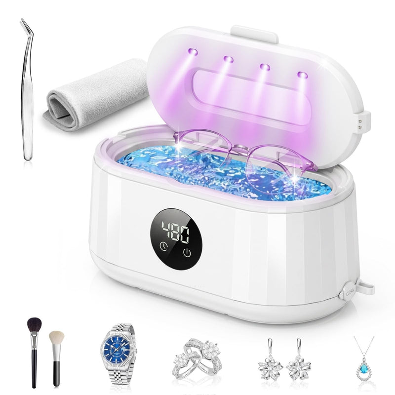 Ultrasonic Jewelry Cleaner, 50kHz Ultrasonic Cleaner Machine for Jewelry, Eyeglass, Retainers,Watch Strap, Rings,420ml 304 Stainless Steel Tank, 5 Timer Modes & LED Digital Display (White) White