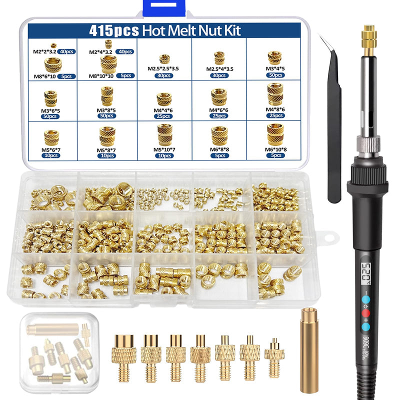 Heat Set Insert Tool Kit, 415Pcs Threaded Inserts Set Brass Nuts | Insert Tips M2 M2.5 M3 M4 M5 M6 M8, 80W Digital Soldering Iron Threaded Inserts for Inserts 3D Printing and Plastic xl
