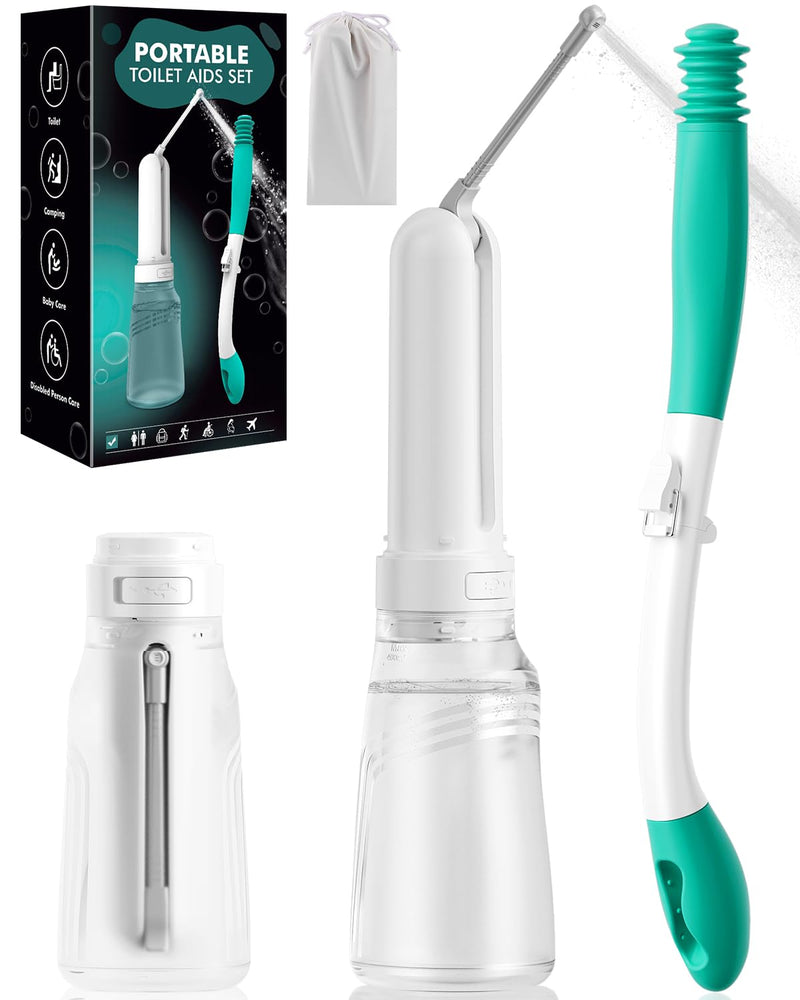 Portable Bidet Toilet Aid Wiper Tool Set for Travel - 400ML Bottle - 3 Pressure Modes - IPX7 Waterproof - Compact Design with Dust Bag for Daily Cleaning & General Use White+green
