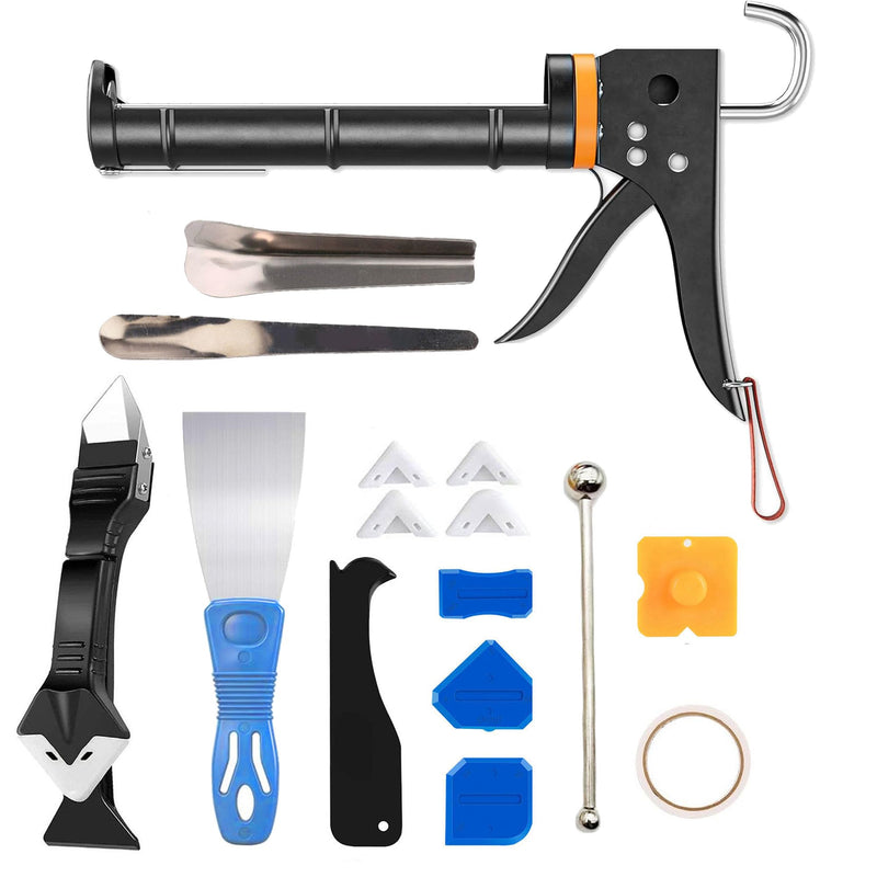 Caulk Gun Kit with Caulk Remover Tool – 3 in 1 Caulking Tool Set for Caulking Removal, Includes Smooth Silicone Caulking Gun, Scraper, Grout Balls, Finishing Tools for Bathroom Kitchen Window Tile Caulk Gun with Remover Kit