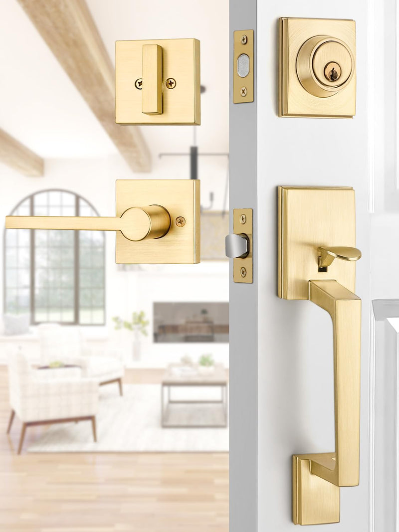 Satin Brass Front Door Handle Set with Deadbolt, Heavy Duty Lever Straight - Gold Front Door Handle with Deadbolt 1