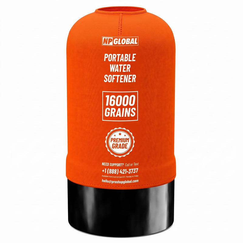 RV Water Softener Portable - 16,000 Grain, 3/4" GHT Fittings, Convenient Water Softener for RVs, Trailers, Boats, Mobile Car Washing, Pressure Washing Cover Orange Neoprene Cover